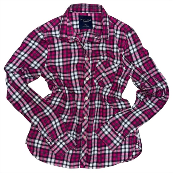 American Eagle Outfitters Tops - Y2K American Eagle Pink Plaid Button Down Long Sleeve Shirt Women’s Small Cotton